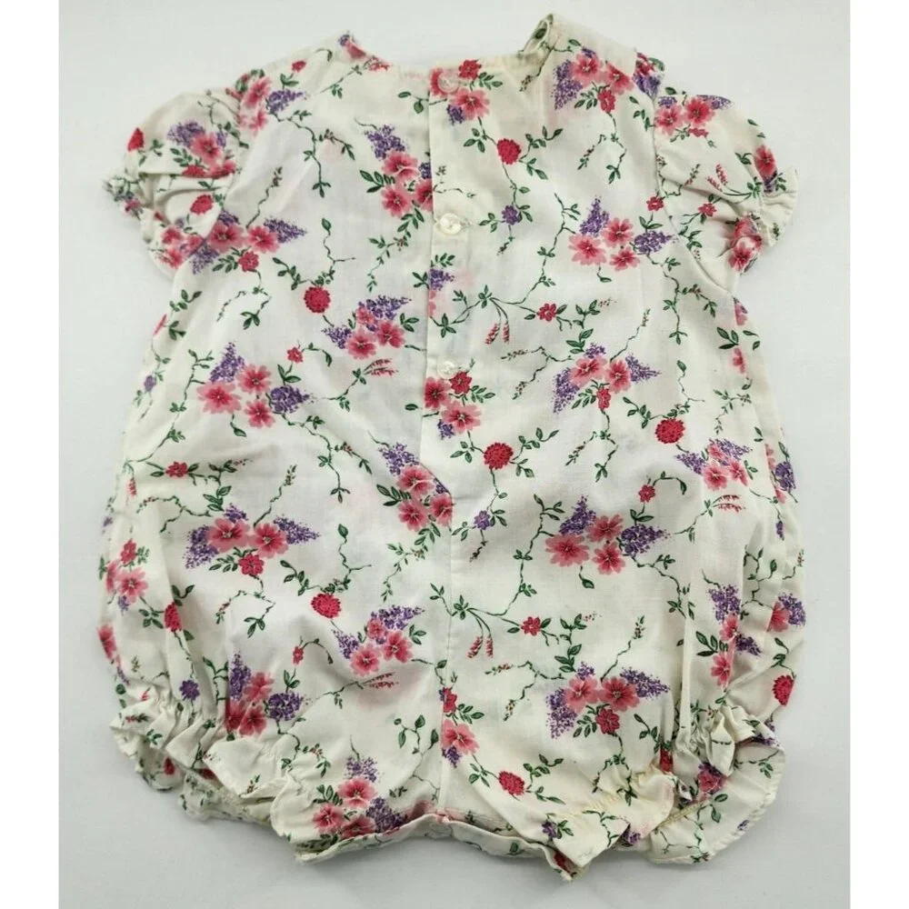 Vtg Baby Girls Floral Short Sleeve Bubble Romper Embroidered Bib 18‎ Months (?)